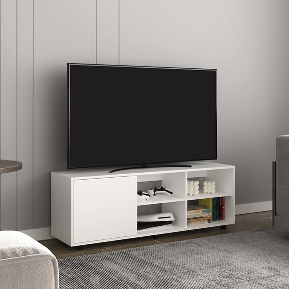 Tv Stand For 40-49" Tvs - White With Four Open Shelves & One Concealed Storage Area Living Room Console Spacious Door Cabinet