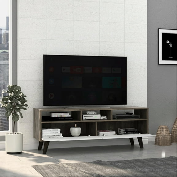 Tv Stand For Tvs Up To 52", Dark Brown/white, 3 Open Shelves, 2 More Drawers 2.0 Up 52" Tvs, Hidden Drawers, Brown/white