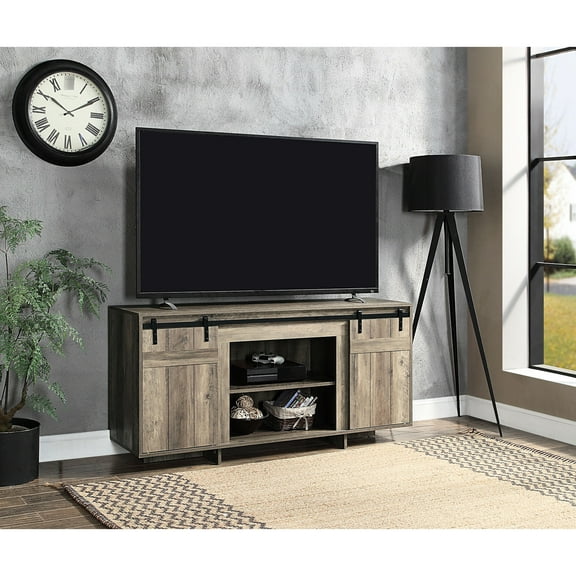 Tv Stand In Gray Wash, Suited For 50 - 59 Inch Tvs, Rustic Modern Barn Door, Composite Wood, And Captivating Washed Media Cabinet, For Flat Screens, Door Design, Alluring