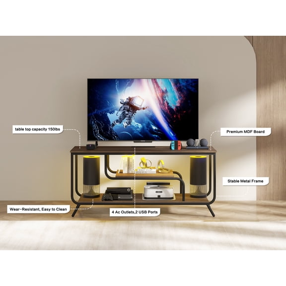 Tv Stand with Power Outlets and Led Lights- Tv Stand for Tvs Up To 55 Inch,Entertainment Center with Shelves,Modern Tv Console Table for Living Room & Bedroom,Light Gray,Light Gray Mdf+Iron Furniture