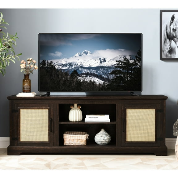 Tv Stand With 65"w*15.73"d*23.21"h Dimensions, For Tvs Up To 70", Finish 70-inch Console Table In Natural Doors And Adjustable Shelves,