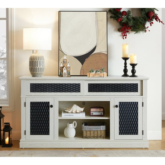 Tv Stand With Adjustable Partitions, 65" , White, 58.69"w X 15.09"d 31.7"h Modern Cabinet Sliding Doors, Fits Tv,