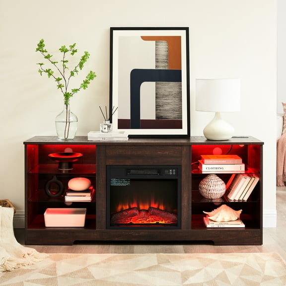 Tv Stand With Electric Fireplace, Large Storage Space, 62" Compatible, Modern Wood 3d Flame Experience And Glass Doors, Outlet, Up To Television