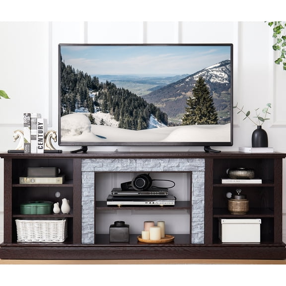 Tv Stand With Large Cabinet Storage, Cherry, 69.45"w X 14.91"d 26.39"h, Fits 75'' Tvs, Faux Stacked Stone Style Cherry Finish Console Up To 75" Tvs