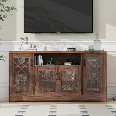 Tv Stand for 65+ Inch TV, Wood Entertainment Center with Storage Shelves, Tv Console for Living Room and Bedroom, Walnut