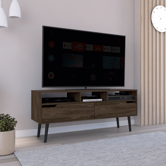Tv Stand for TVs up 52", Three Open Shelves, Two Flexible Drawers, Dark Walnut
