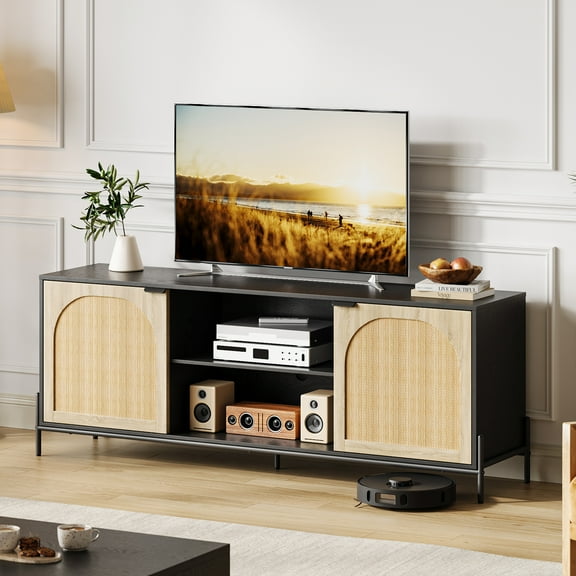 Tv Stands for Living Room, Tv Console Entertainment Center with Storage, Adjustable Shelf & Rattan Door, 65 inch Television Stands Media Console Cabinet, Black