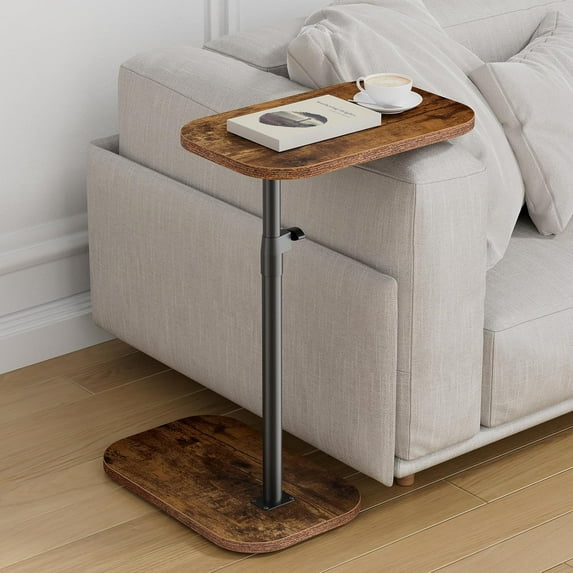 Tv Tray Table Adjustable Height C Shaped End Table for Couch, Swivel Side Table for Drinks, Snacks and Small Space, Rustic Brown Wood Couch Arm Table Tray for Sofa, Bed or Chair