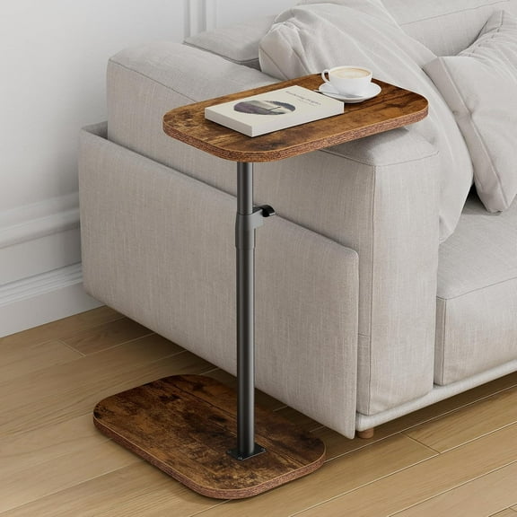 Tv Tray Table Adjustable Height C Shaped End Table for Couch, Swivel Side Table for Drinks, Snacks and Small Space, Rustic Brown Wood Couch Arm Table Tray for Sofa, Bed or Chair