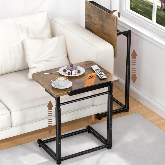 Tv Tray Table, Adjustable Height Couch Narrow Side Table,90 Tilt Angle foldable End Table, Laptop Table with Phone & Tablet Slot Dinner Tray Desk for Recliner/Sofa/Bed/small Living Room (Brown)