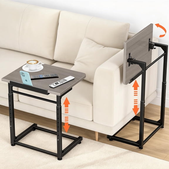 Tv Tray Table Set of 2, 8-Level Adjustable Height Couch Side Table,90° Tilt Angle Adjustments C-Shaped End Table, with Phone & Tablet Slot Computer Desk for Sofa, Bed, Chair, Living Room(Lvory Gray)