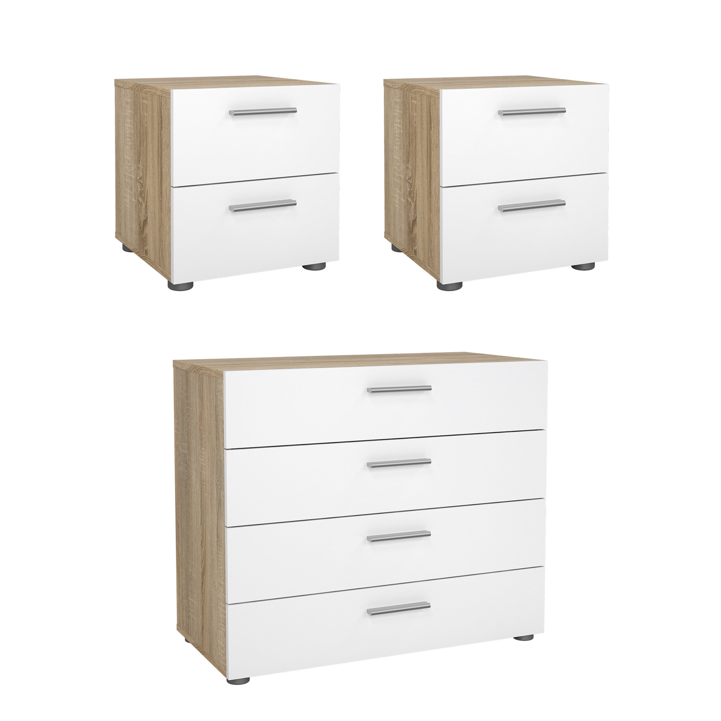 Tvilum Loft 3-Piece Bedroom Set with Chest and Nightstands, Oak/White High Gloss