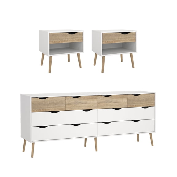 Tvilum Diana 3-Piece Bedroom Set for Adults - 8 Drawer Double Dresser and Nightstand Set of 2, White/Oak