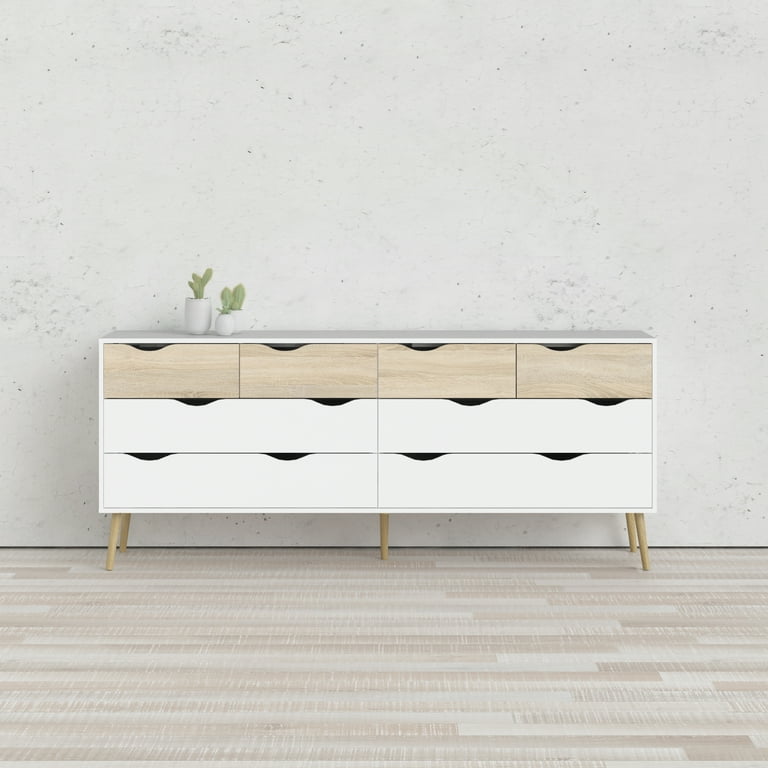 Diana Modern Bedroom 8 Drawer Dresser, Solid Wood, White/Oak