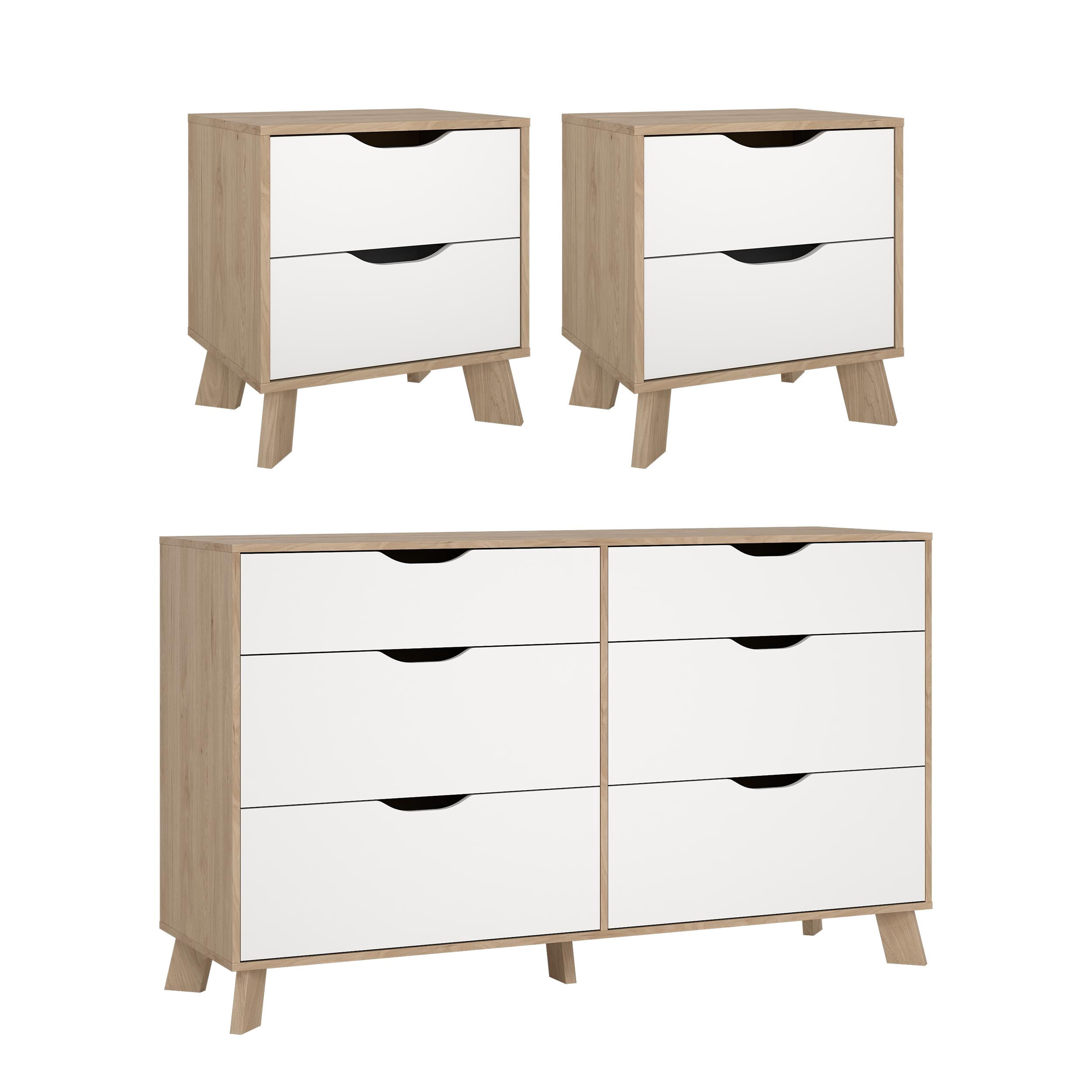 Tvilum Ikast 3-Piece Bedroom Set with Dresser And Nightstands, Jackson Hickory/White