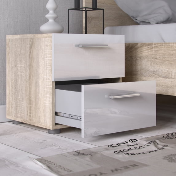 Tvilum Loft 2 Drawer Bedroom Nightstand for Adults, Oak Structure/White High Gloss