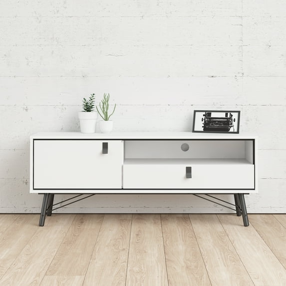 Tvilum Ry 1 Door, 1 Drawer TV Stand with Open Shelf, White Matte/Black, Box 1 of 2