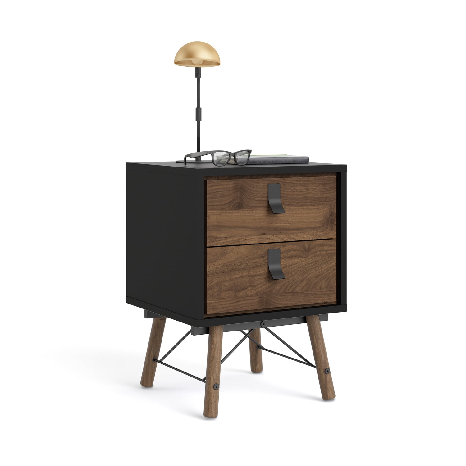 Ry Black Matte and Walnut 2-Drawer Nightstand