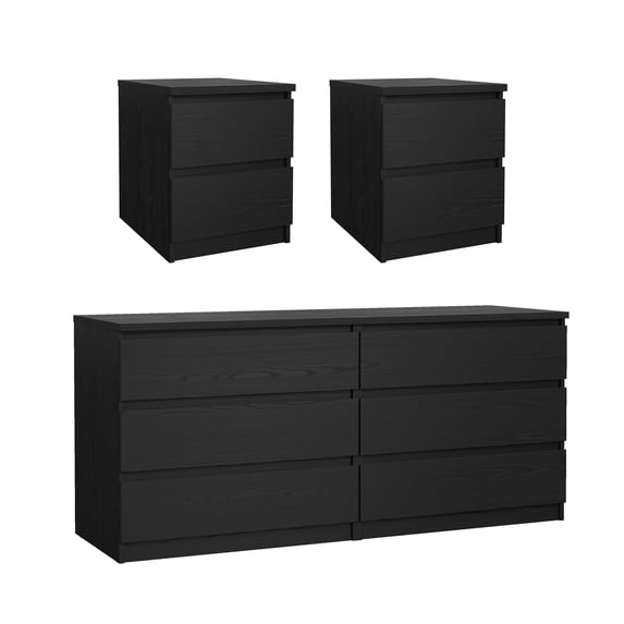 Tvilum Scottsdale 3-Piece Bedroom Set - 6 Drawer Double Dresser and Nightstand Set Of 2, Black Woodgrain