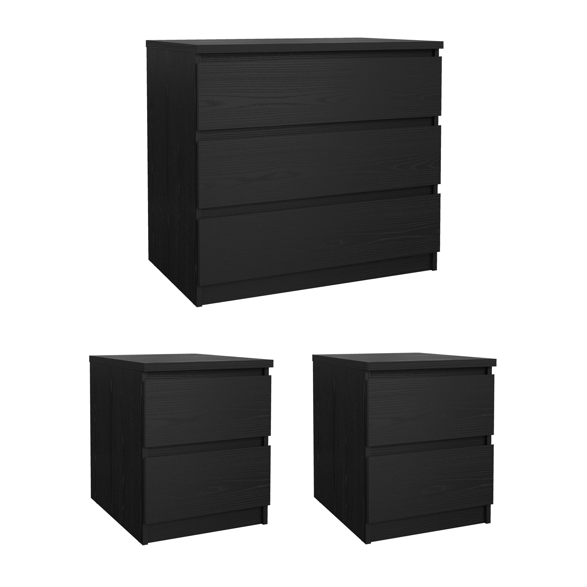 Tvilum Scottsdale 3-Piece Bedroom Set - Chest and Nightstand Set of 2, Black Woodgrain