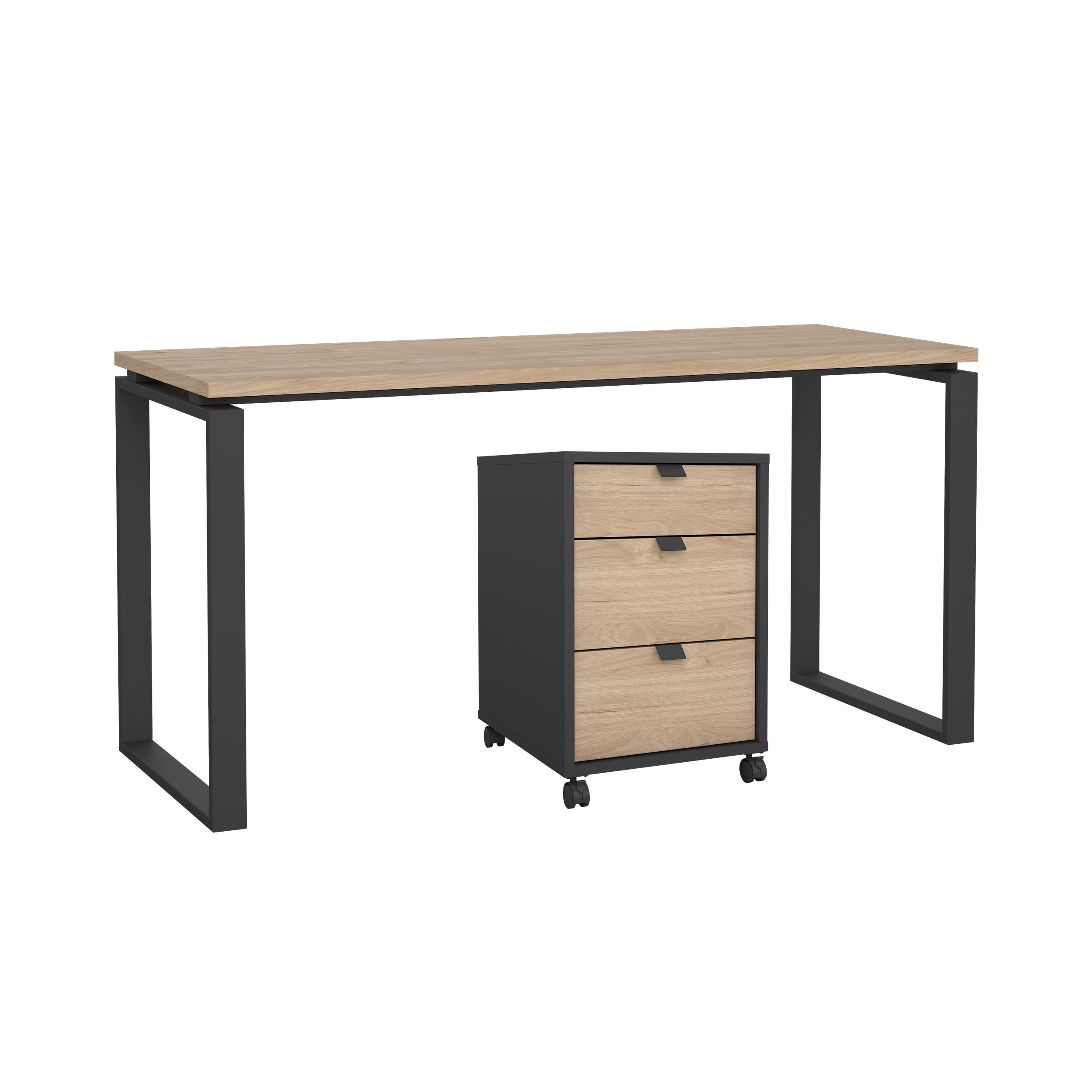 Tvilum Sign 2-Piece Home Office Set with Desk and Mobile Storage, Matte Grey and Jackson Hickory