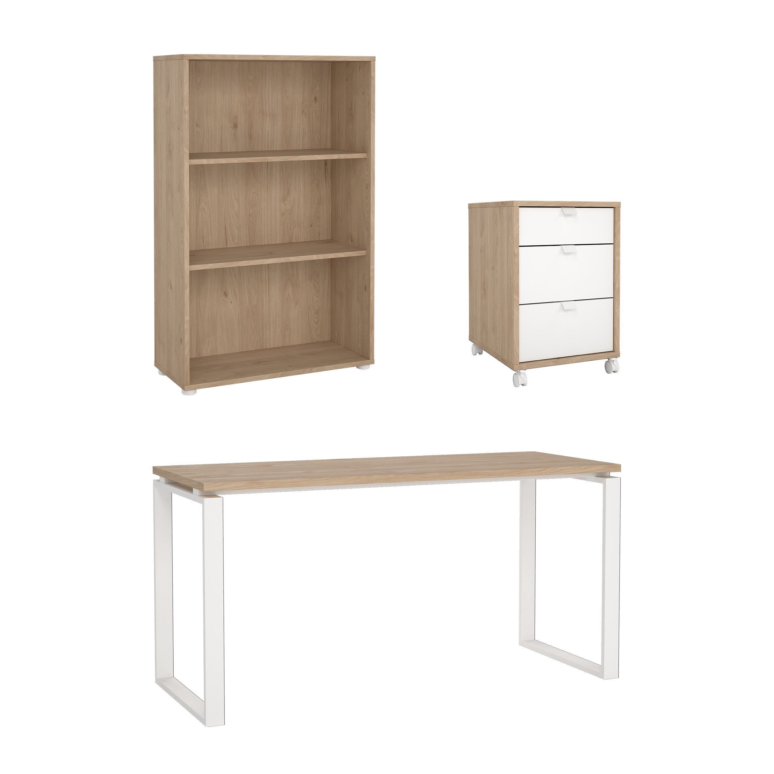 Tvilum Sign 3-Piece Home Office Set with Desk, Bookcase and Mobile Storage, Jackson Hickory and White