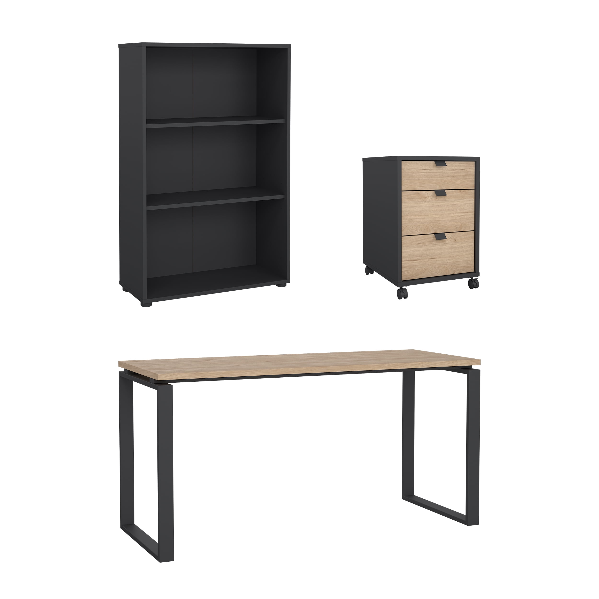 Tvilum Sign 3-Piece Home Office Set with Desk, Bookcase and Mobile Storage, Matte Grey and Jackson Hickory