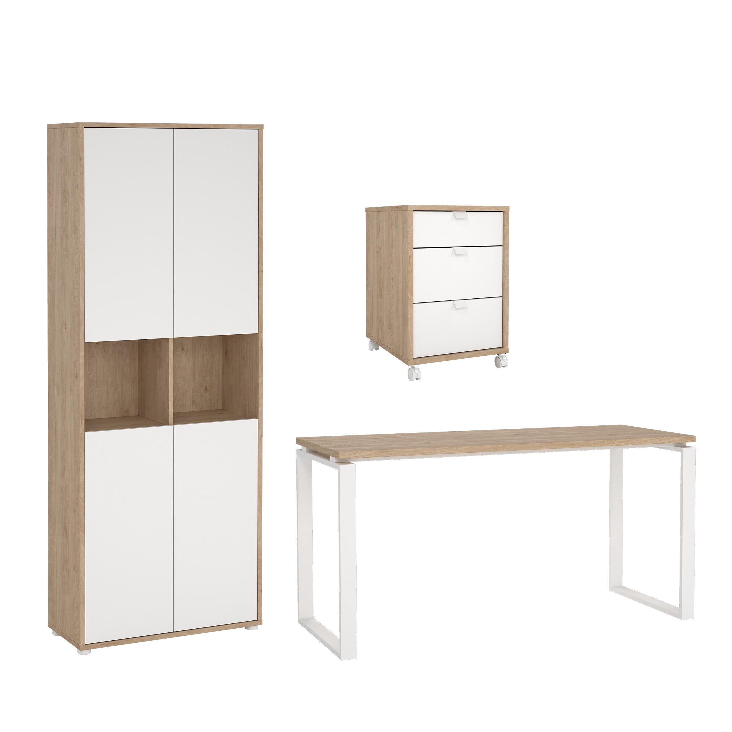 Tvilum Sign 3-Piece Home Office Set with Desk, Large Storage Cabinet and Mobile Storage, Jackson Hickory and White