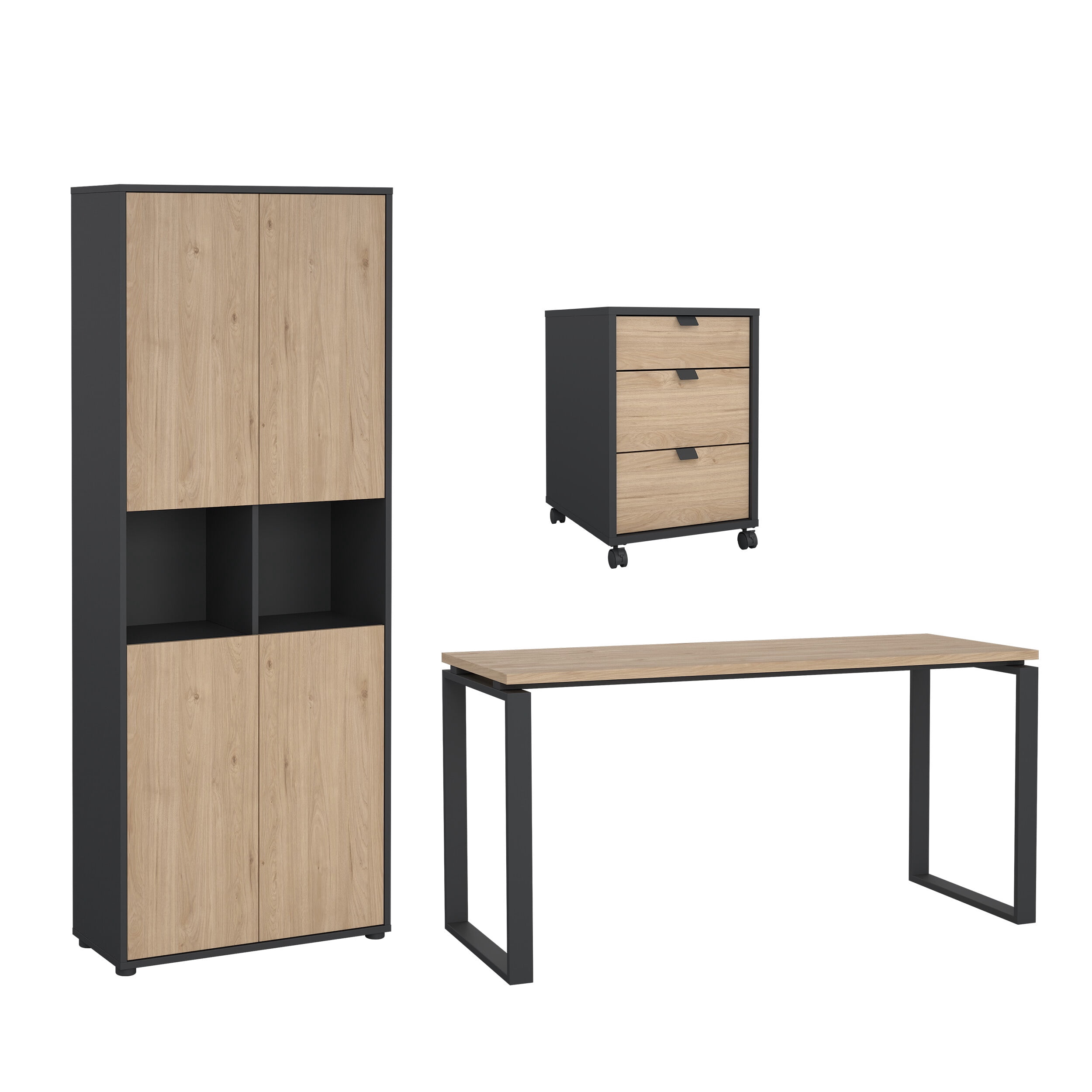 Tvilum Sign 3-Piece Home Office Set with Desk, Large Storage Cabinet and Mobile Storage, Matte Grey and Jackson Hickory