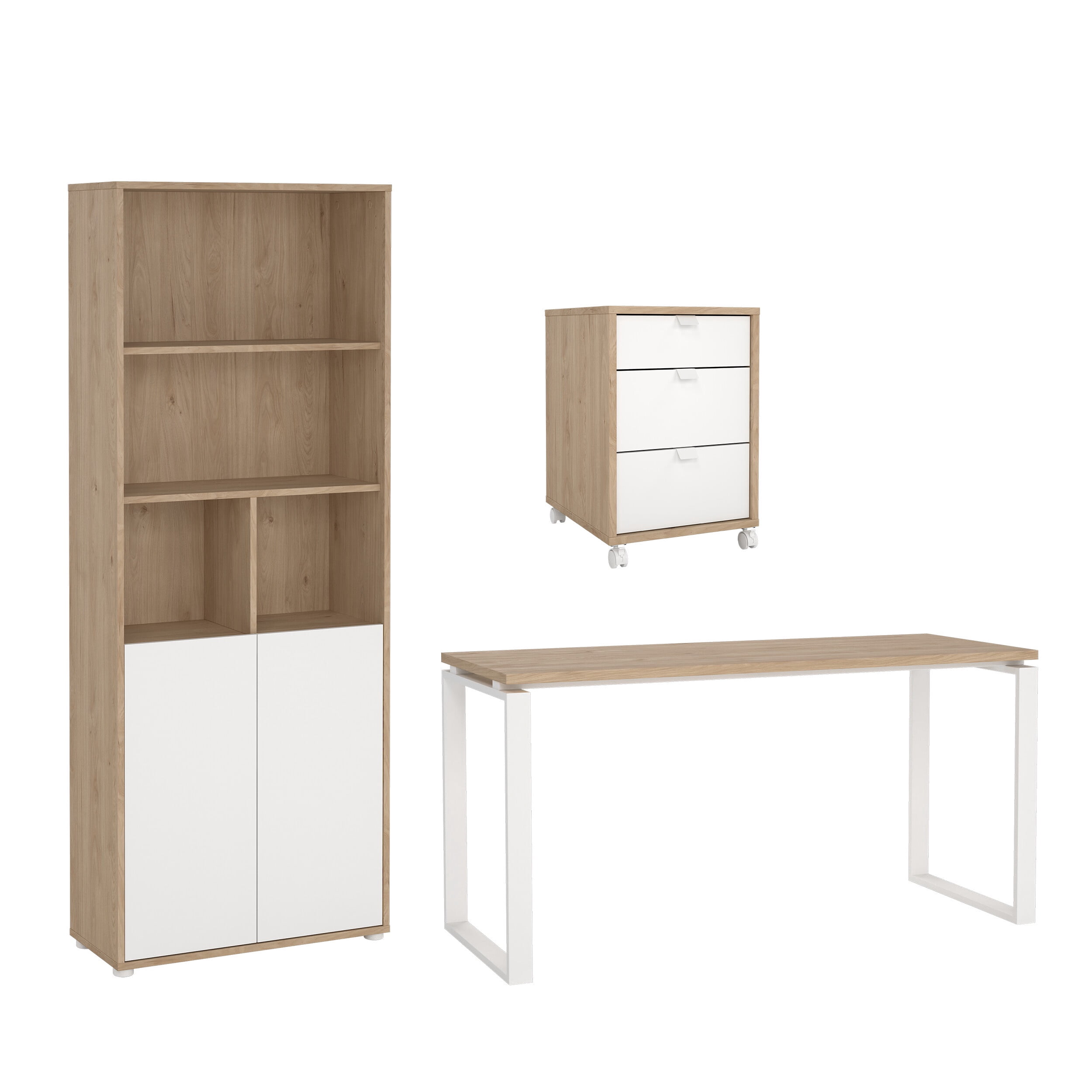 Tvilum Sign 3-Piece Home Office Set with Desk, Storage Bookcase and Mobile Storage, Jackson Hickory and White