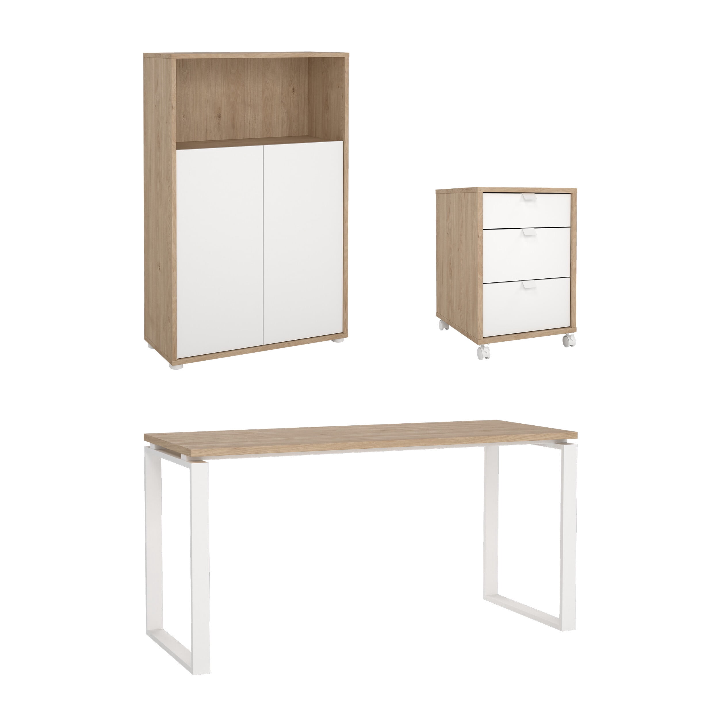 Tvilum Sign 3-Piece Home Office Set with Desk, Storage Bookcase and Mobile Storage, Jackson Hickory and White