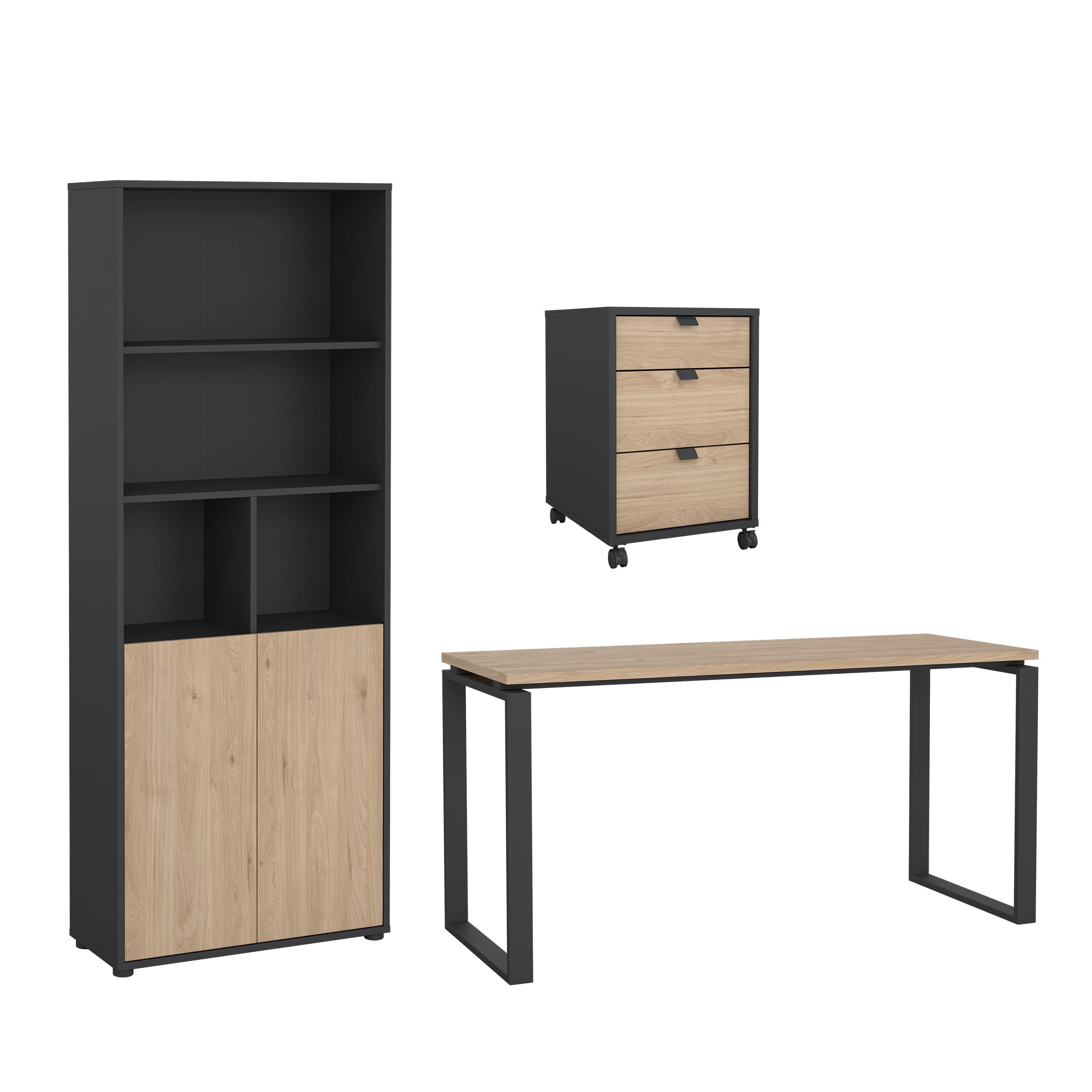 Tvilum Sign 3-Piece Home Office Set with Desk, Storage Bookcase and Mobile Storage, Matte Grey and Jackson Hickory
