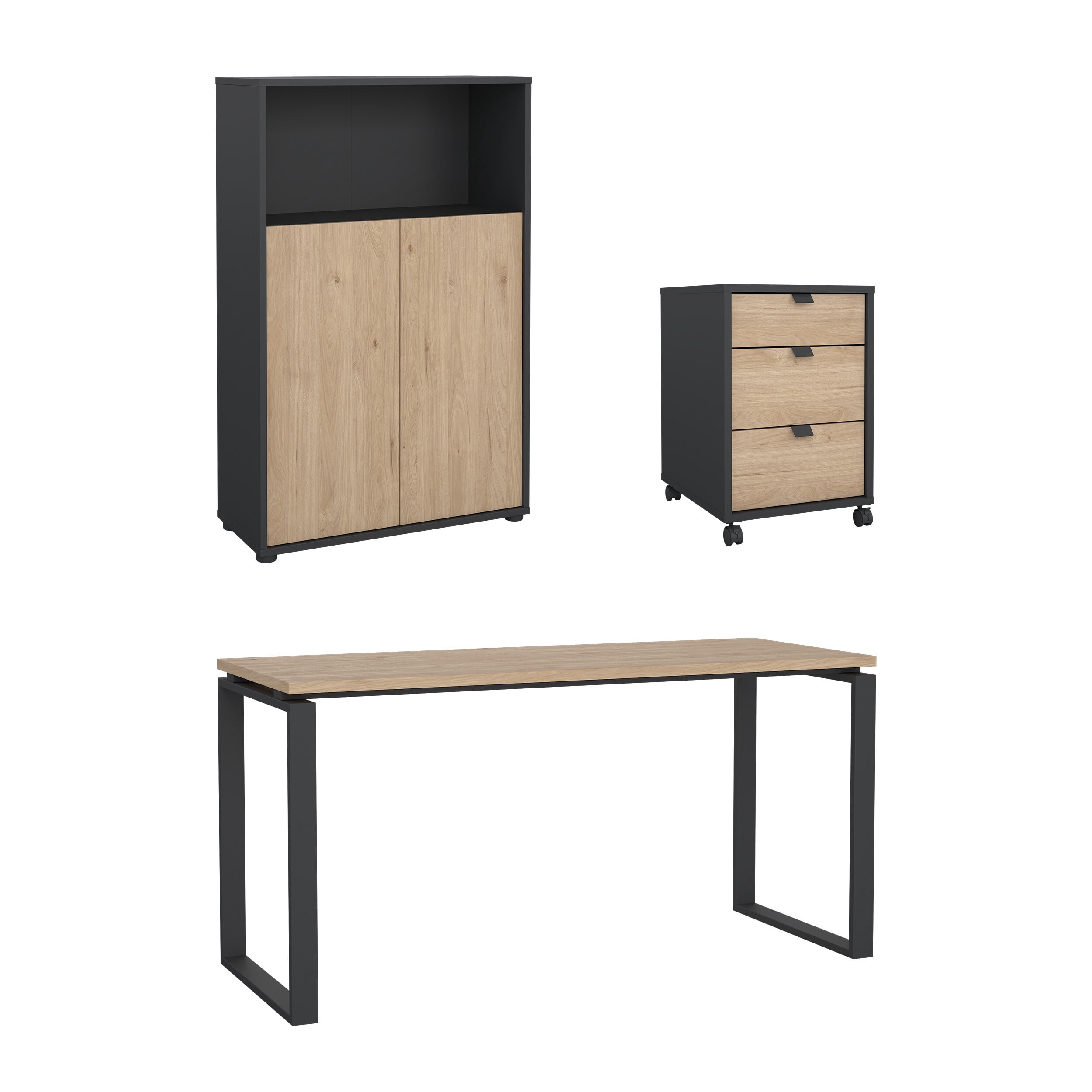 Tvilum Sign 3-Piece Home Office Set with Desk, Storage Bookcase and Mobile Storage, Matte Grey and Jackson Hickory