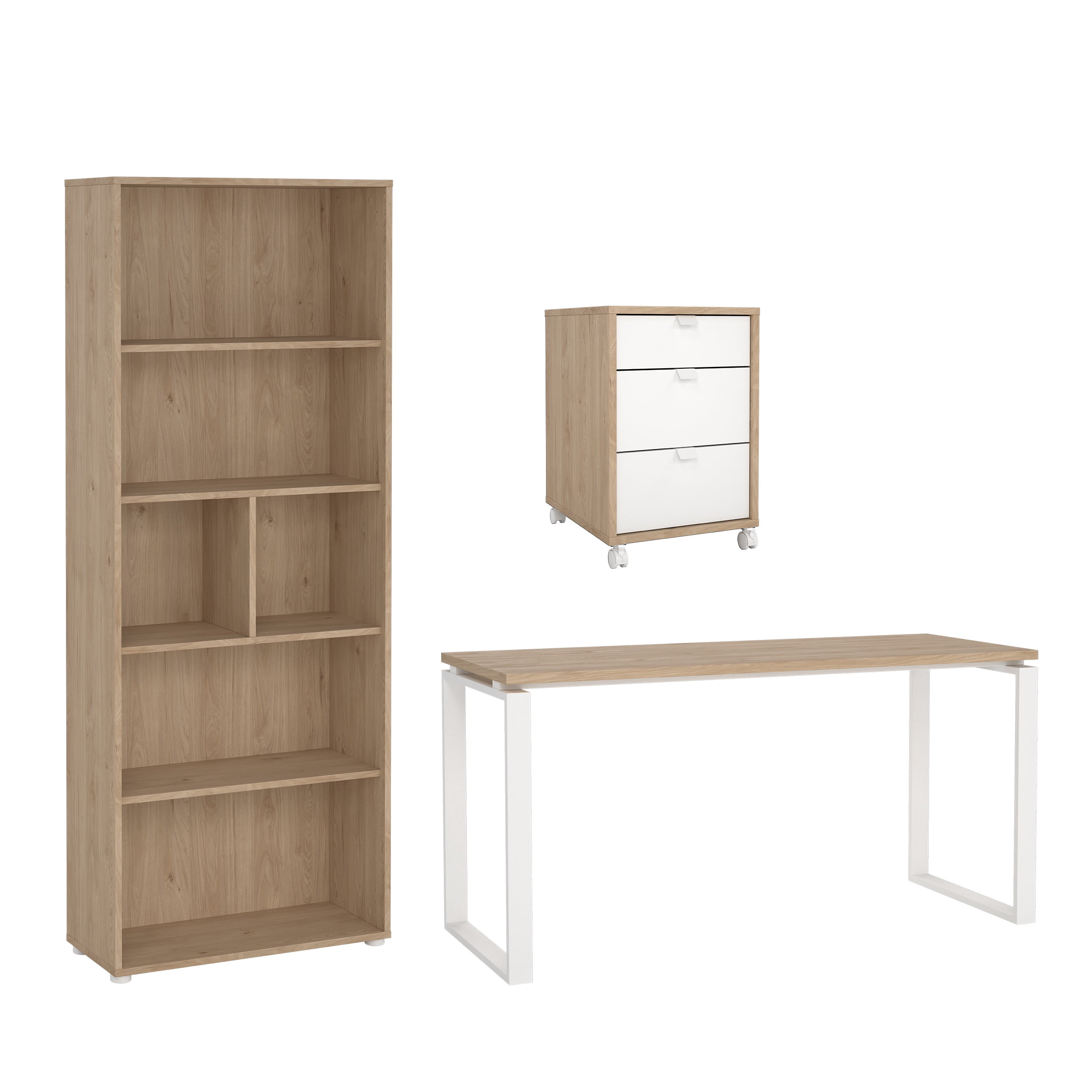 Tvilum Sign 3-Piece Home Office Set with Desk, Tall Bookcase and Mobile Storage, Jackson Hickory and White