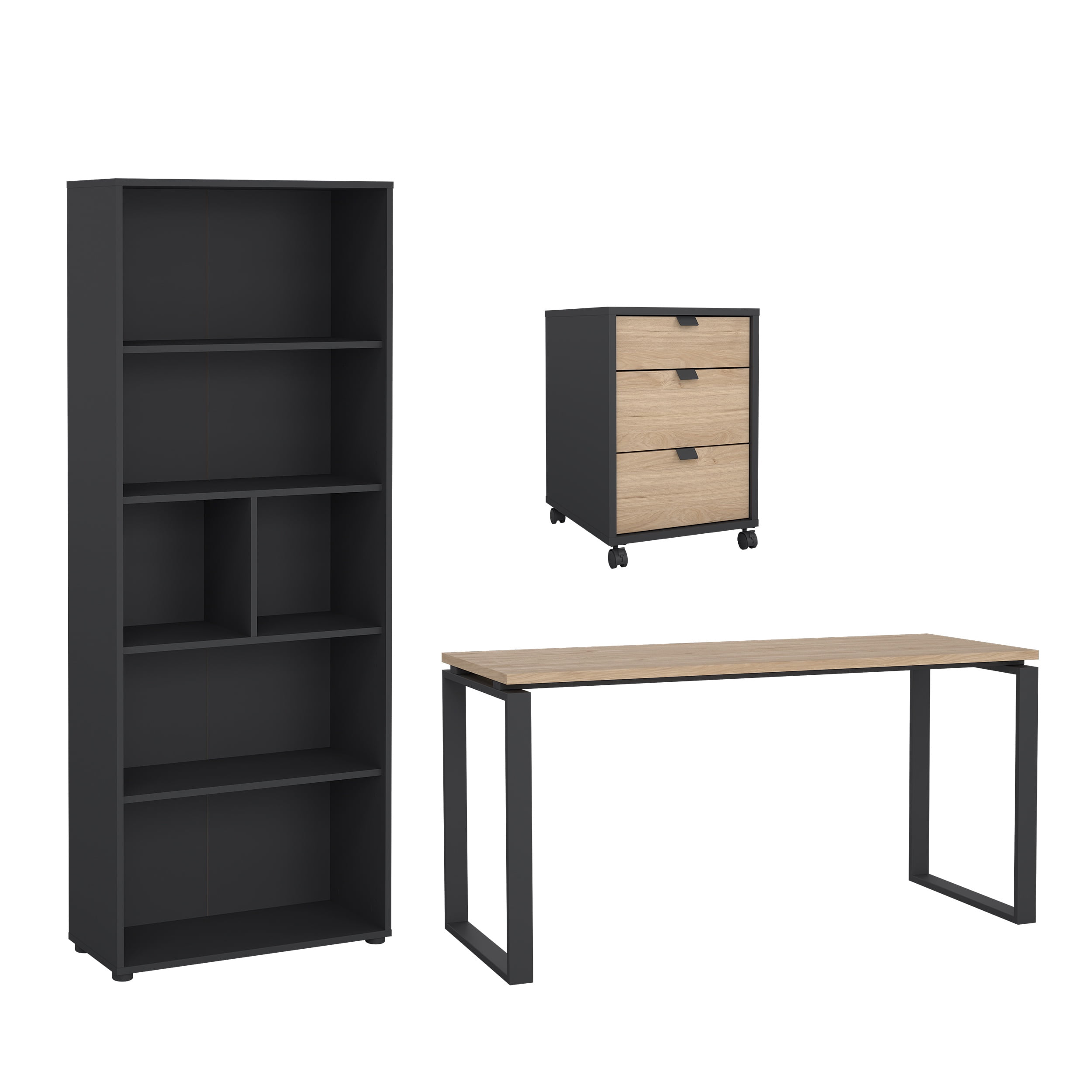 Tvilum Sign 3-Piece Home Office Set with Desk, Tall Bookcase and Mobile Storage, Matte Grey and Jackson Hickory
