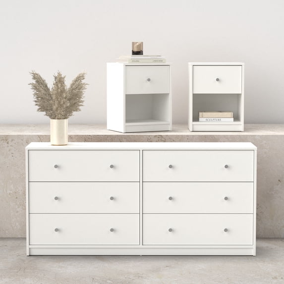 Tvilum Studio 3-Piece Bedroom Set - 6 Drawer Double Dresser And Nightstand Set Of 2, White