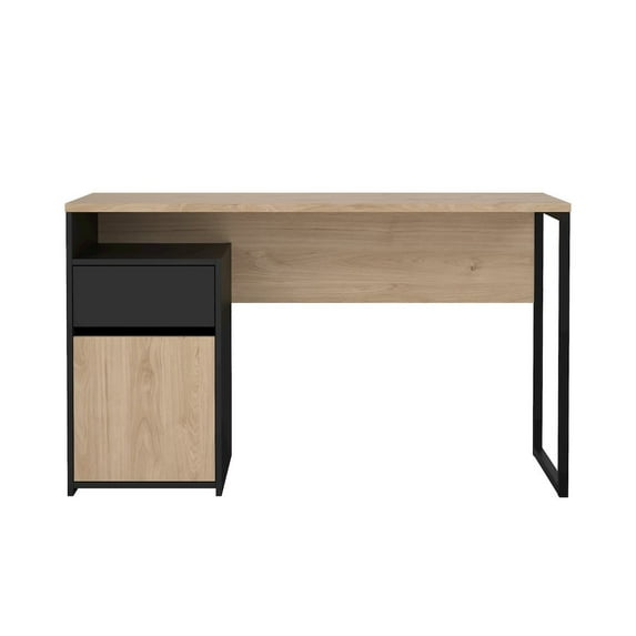 Tvilum Waylon 1 Shelf Writing Desk with Storage Drawer and Door for Adults, Jackson Hickory/Black Matte