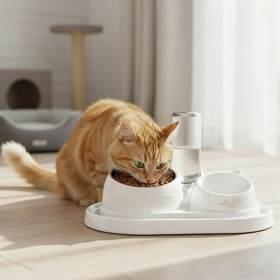 Tvtnvo Automatic Pet Water Dispenser Double Bowl Pet Dog Feeder with Non Slip Base Self Refilling Covered Bottle Easy to Clean Food and Water Station for Indoor Pets White 10.2x6.6x7.1in