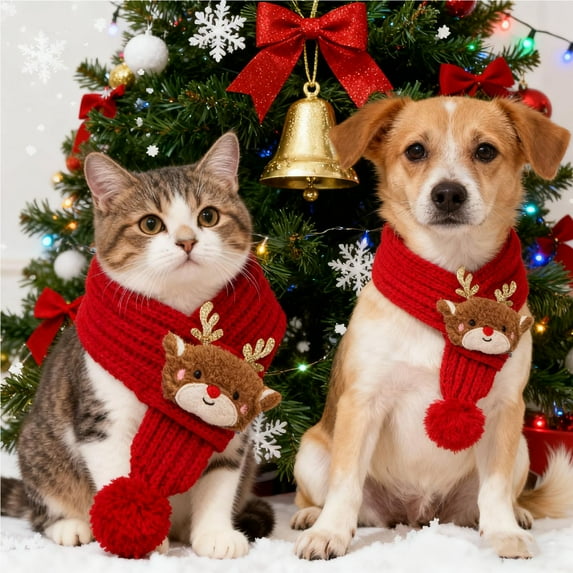 Tvtnvo Christmas Knitted Pet Scarf Festive Holiday Knit Scarf for Dogs and Pets Soft Warm Acrylic with Adjustable Loop Closure Cozy Winter Accessory for Walks Photos Parties Red Large