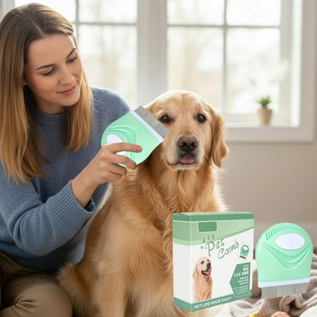 Tvtnvo Dog Brush for Shedding Flea Comb for Cats and Dogs Stainless Steel Fine Teeth Removes Fleas and Dandruff Gentle Detangling Ergonomic Round Handle Home Grooming All Coats 2.9x2.6in Green
