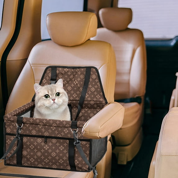 Tvtnvo Dog Car Seat Travel Carrier Pet Travel Carrier with Mesh Ventilation Safety Harness Portable Foldable Washable Protector Protects Car Interior Easy Install for Travel Brown 15.7x14.6x16.5in