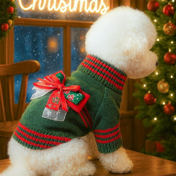 Tvtnvo Dog Clothes Pet Clothes Christmas Shirt for Small Dogs Cats Warm Soft Polyester Holiday Sweater with Snowflake Elk Bow Tie Festive Outfit Casual Skirt Easy to Put on Green Bust 12in Back 8in