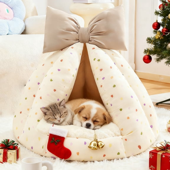 Tvtnvo Pet Bed Pumpkin Shape Bow Knot Plush Nest Removable Washable All Season Cozy Sleeping Cave for Pets and Dogs Home Indoor Relaxed Support Elastic Cotton Filling Easy Care Beige 15.7x10.6in