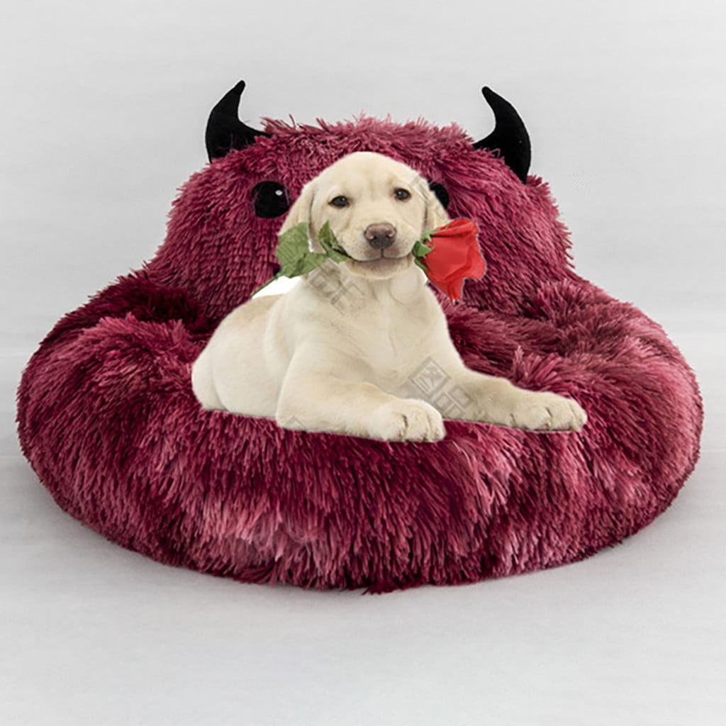 Tvtnvo Pet Donut Bed Indoor Dog House Pet Tent Self Warming Plush Round Nest with Raised Bolster Neck Support Washable Nonslip Bottom for Small Dogs and Pets Indoor Use Red 23.6 in