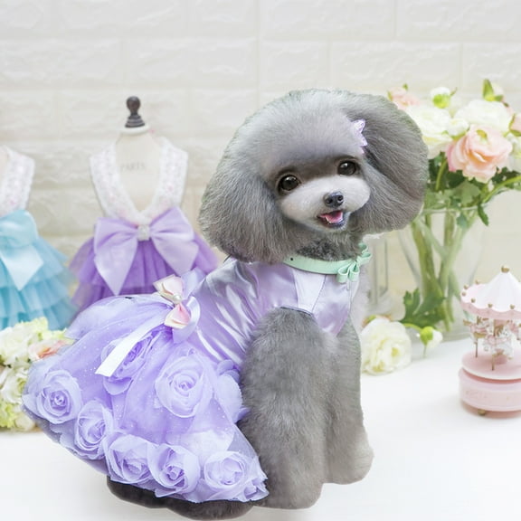 Tvtnvo Puppy Dress Pet Dress Breathable Polyester Princess Outfit with Bow and Pearls Cake Skirt Easy on off for Chihuahua Yorkie Summer Party Wedding Photo Shoot Purple Bust 7.8in Back 12.6in