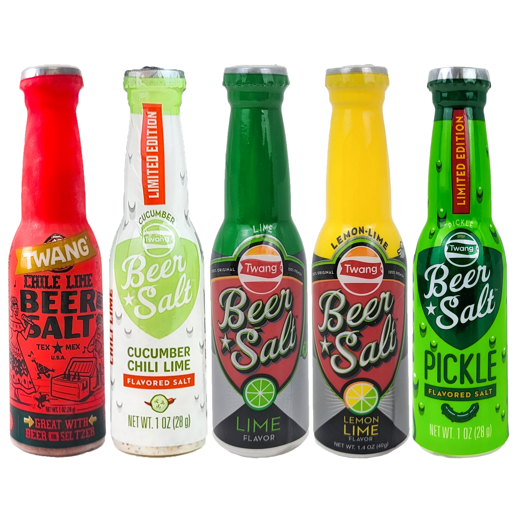 Twang Flavored Beer Salt 5 Count Variety Pack - 1 Ounce Mini Bottles Assorted Lime, Lemon-Lime, Chili Lime, Pickle and Cucumber Chili Lime