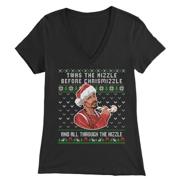 Twas The Nizzle Before Chrismizzle Ugly Christmas Ladies' V-Neck Tshirt (Black, Small)