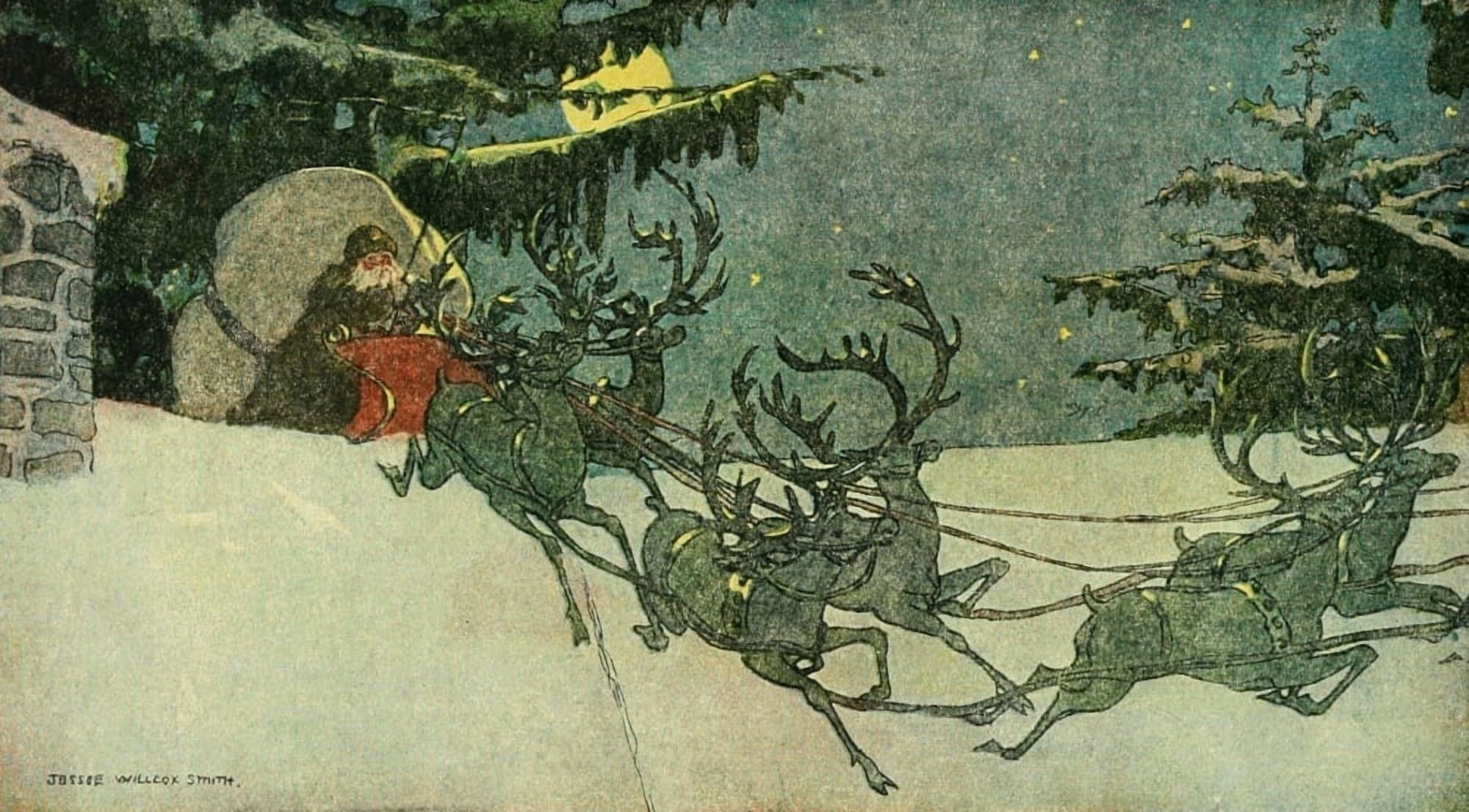 Twas the Night before Christmas 1912 Santa on roof Canvas Art - Jessie Willcox Smith (18 x 24)