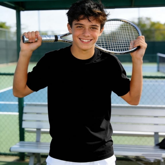 Twczz Boys Athletic T Shirts- Short Sleeve Quick Dry Summer Crewneck Kids Active Tees Black Size 5-12