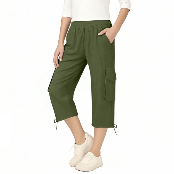 Twczz Girls Capris with Pockets- Elastic Waist Summer Wide Leg Casual Kids Cargo Pants Army Green Size 6